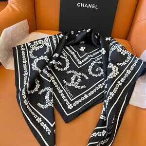 Chanel Black & White Floral CC Logo Silk Scarf